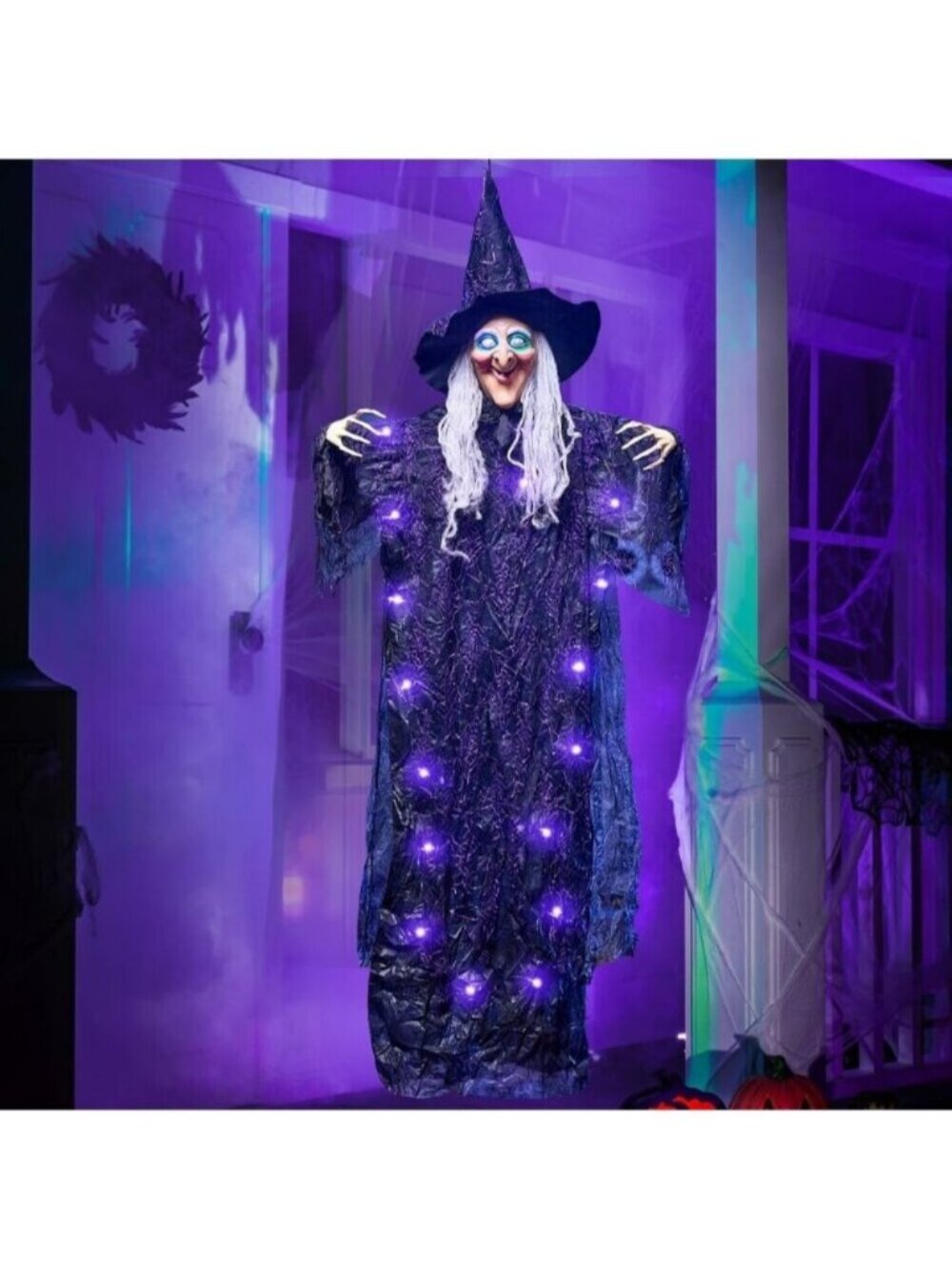 72” Halloween Decorations Indoor Hanging Talking Witch Decor with Purple Eyes